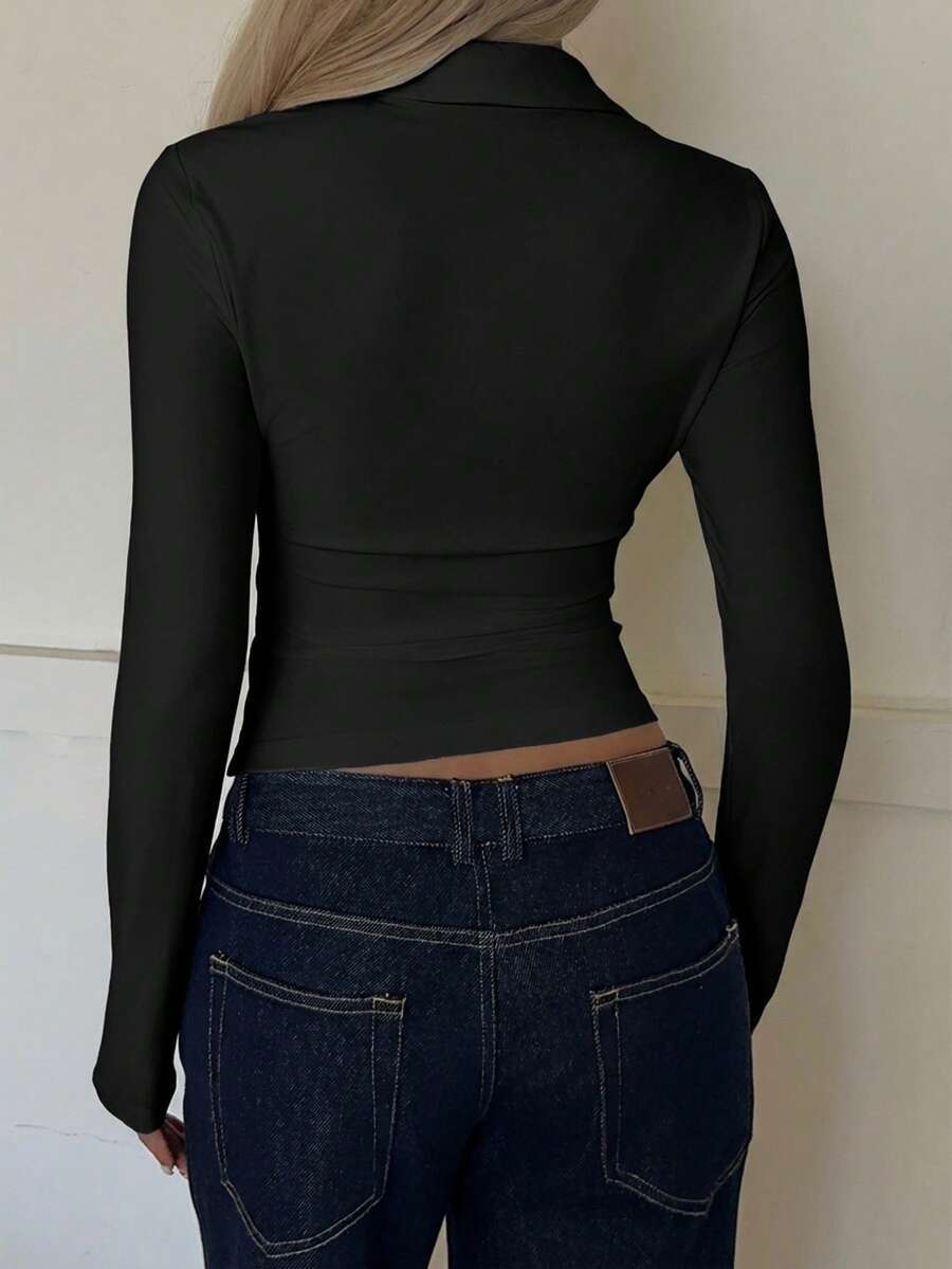 Solid Polyester Blouse Trendy Fitted Ruched Button Front