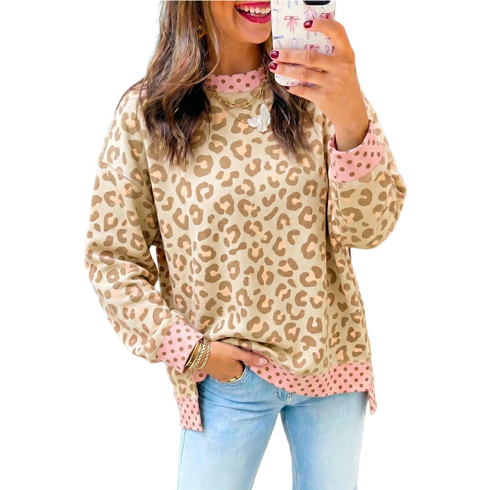 Women's Oversized Leopard Polka Dot Color Block Sweatshirt