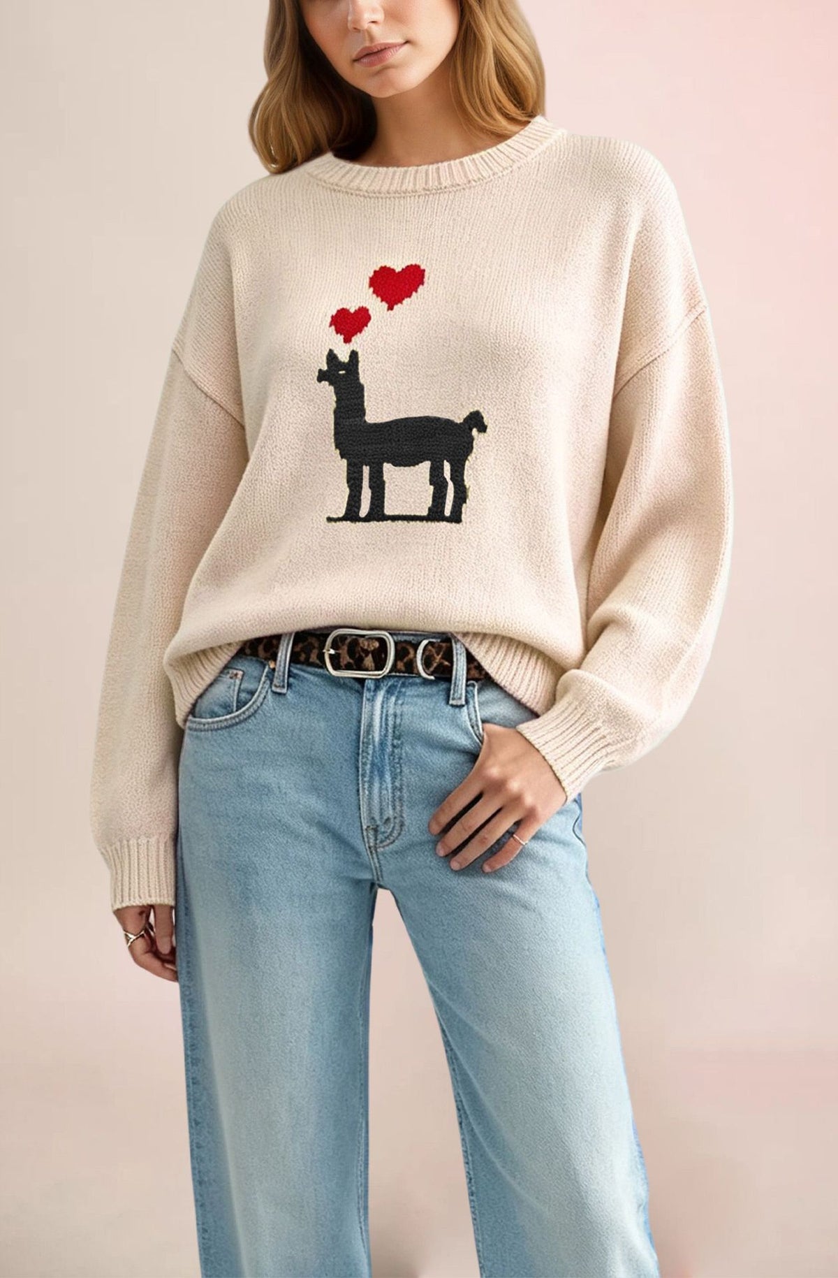 Women's Llama Heart Oversized Crewneck Pullover Sweater