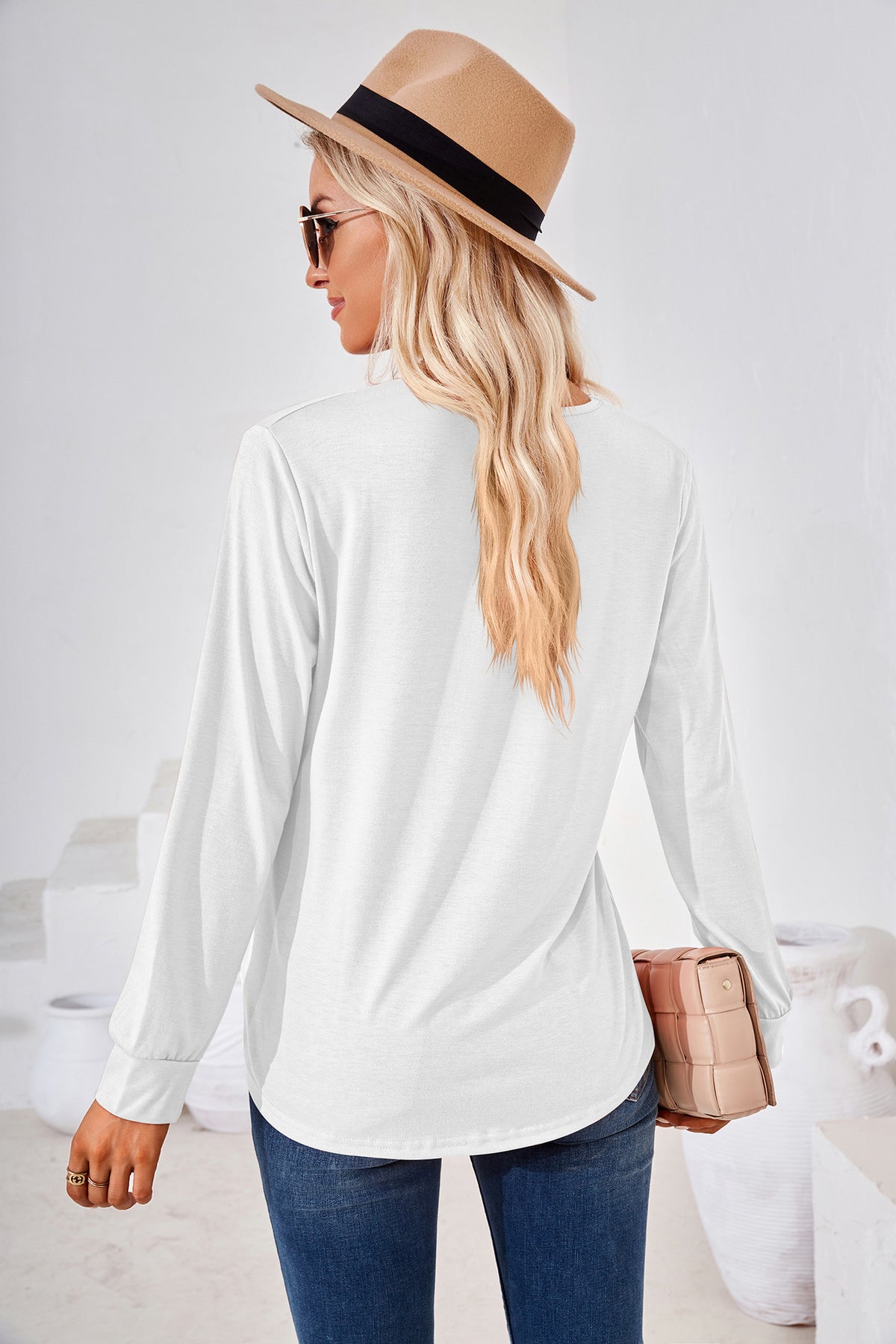Women's Square Neck Pleated Long Sleeve Tunic Top