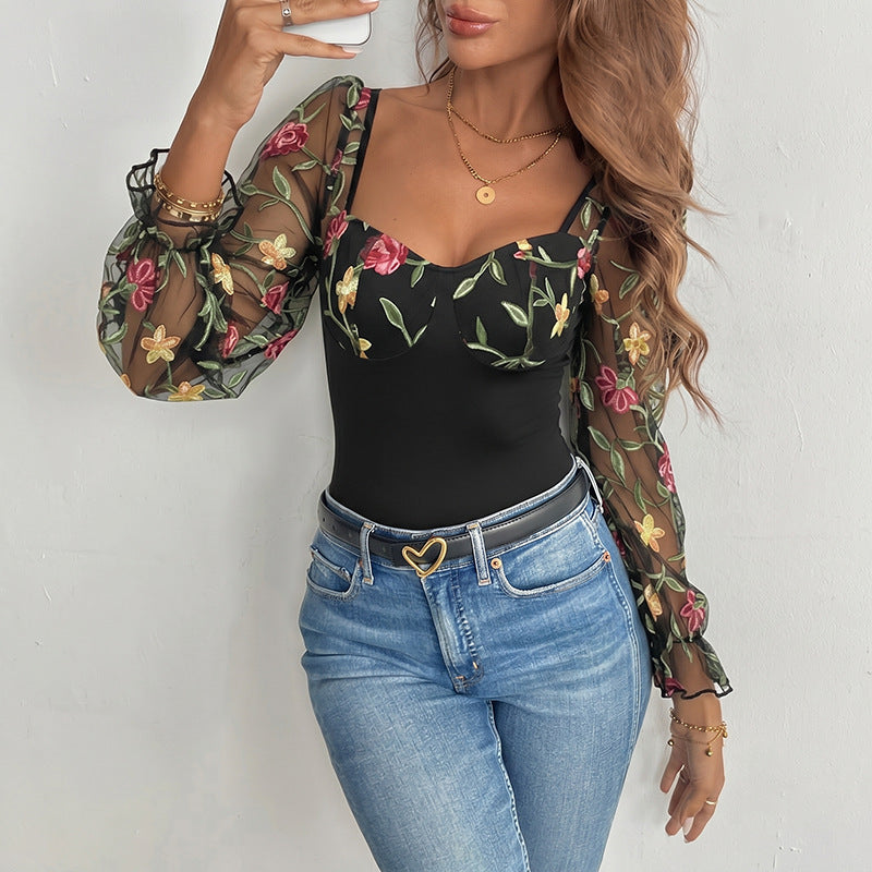 Floral Mesh Sleeve Square Neck Bodysuit