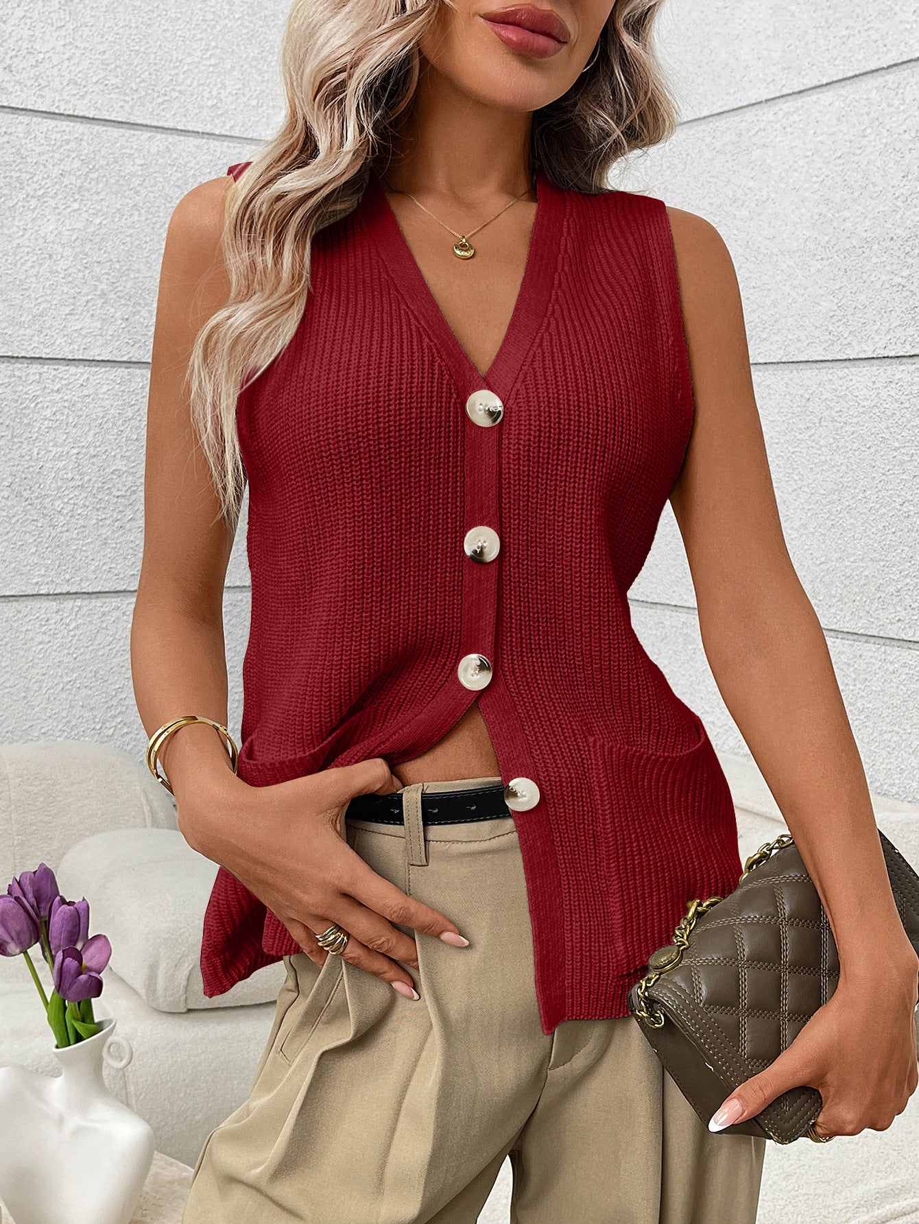 Womens Button Down Sweater Vest V Neck Knit Cardigan