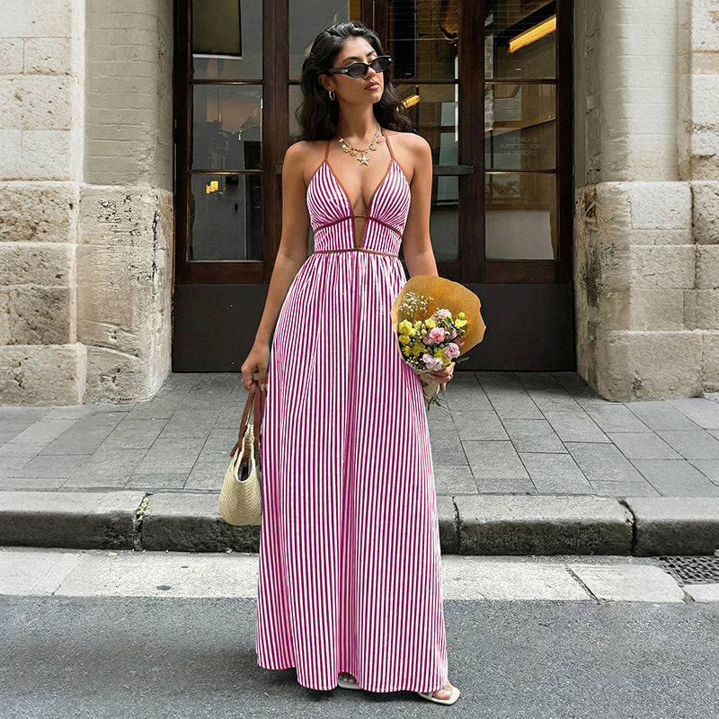 Striped Halter Backless Maxi Dress Vacation Summer