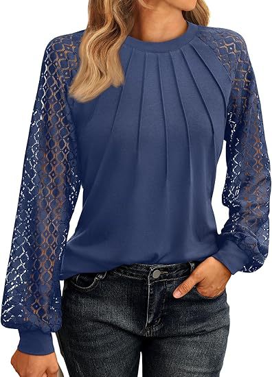 Lace Knit Blouse Casual Pleated Raglan Sleeve Top