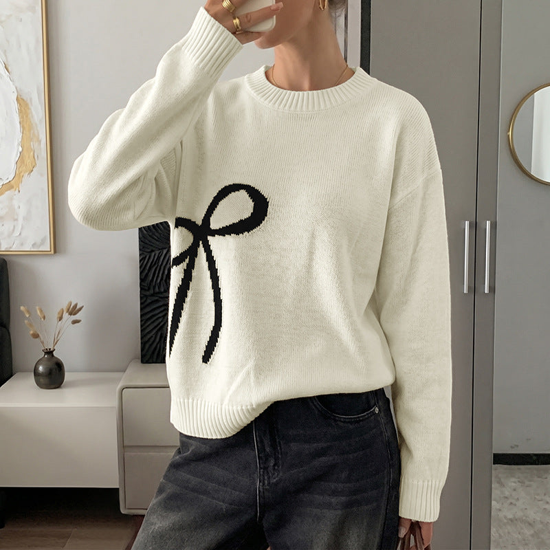 Bow Knit Sweater Oversized Crewneck Drop Shoulder