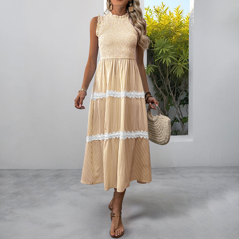 Striped Lace Trim Sleeveless Midi Dress for Summer