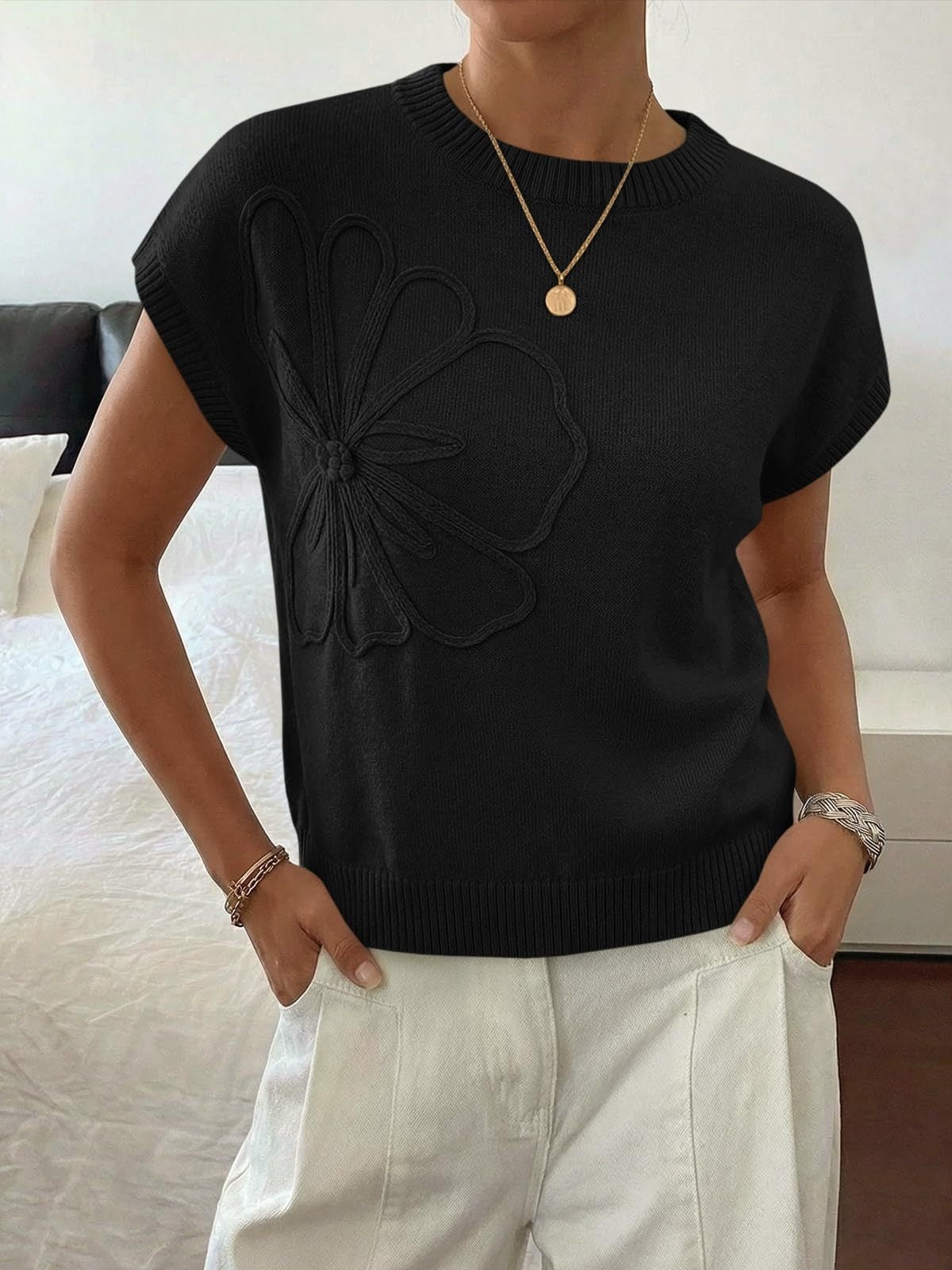 Womens 3D Floral Knit Top Short Sleeve Pullover
