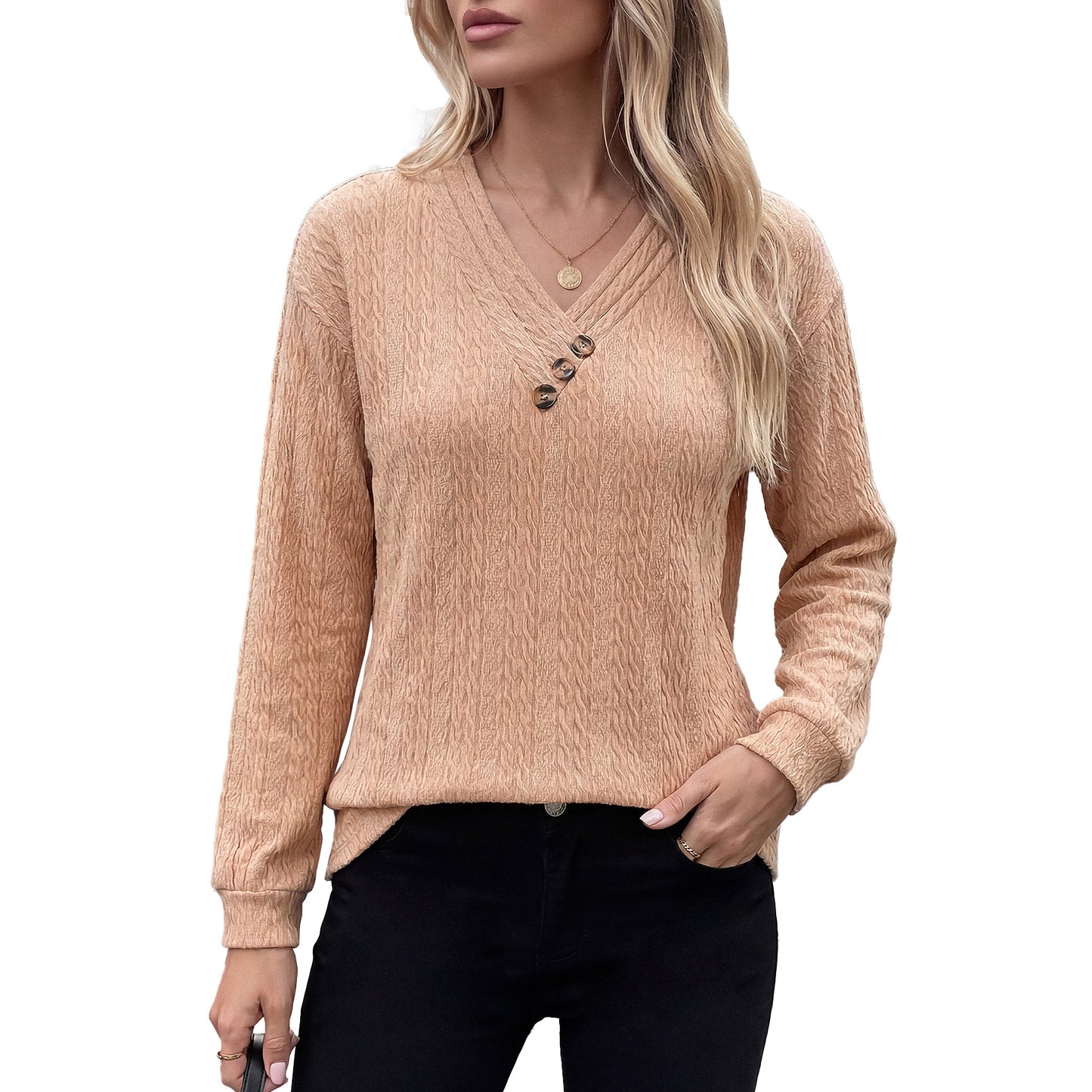 Womens Loose V Neck Button Long Sleeve Textured Top