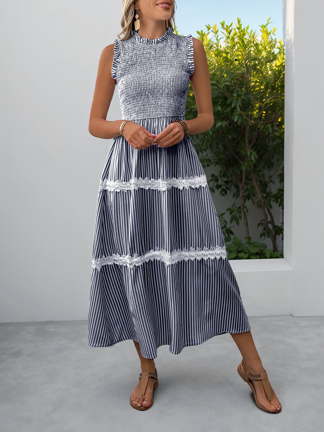 Striped Lace Trim Sleeveless Midi Dress for Summer
