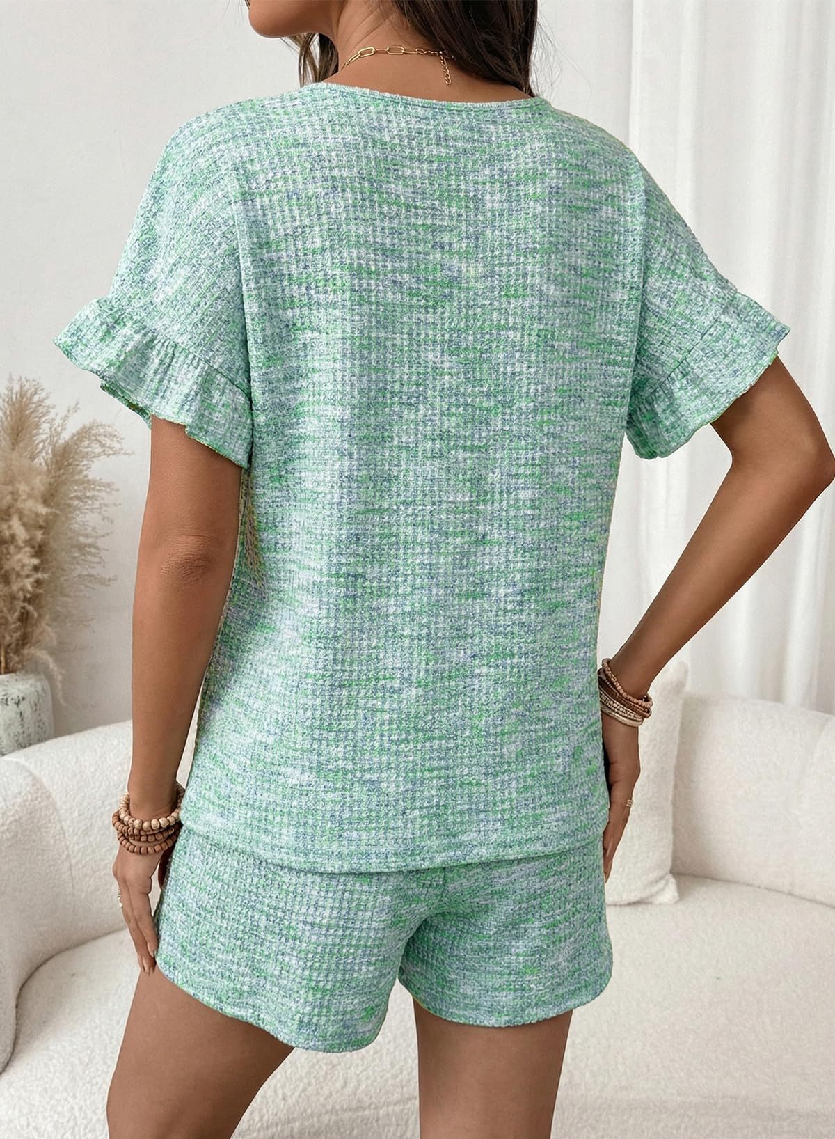Textured Knit Lounge Set Ruffle Sleeve Drawstring Shorts