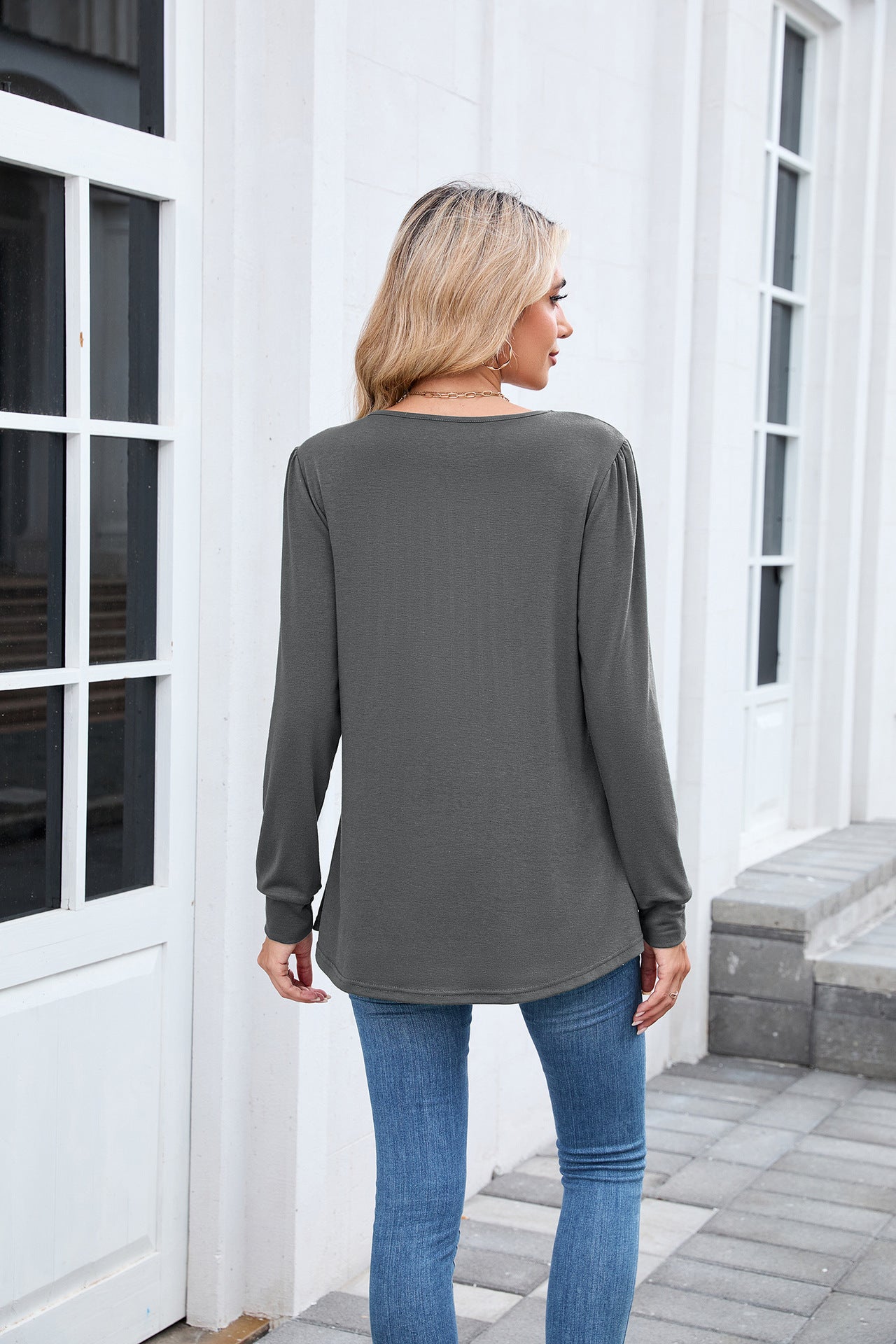 Pleated Front Long Sleeve Tunic Tee | Casual Crew Neck Top