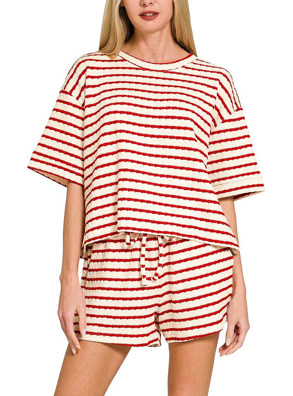 Striped Cotton Shorts Set Boutique Textured Knit Loungewear