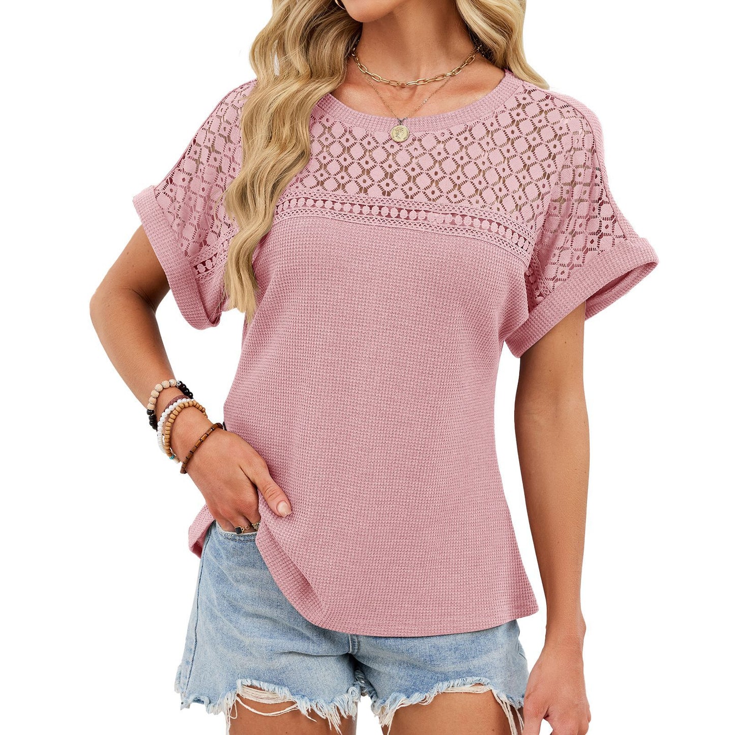Lace Trim Relaxed Fit Short Sleeve T-Shirt for Women–Spring/Summer 2026
