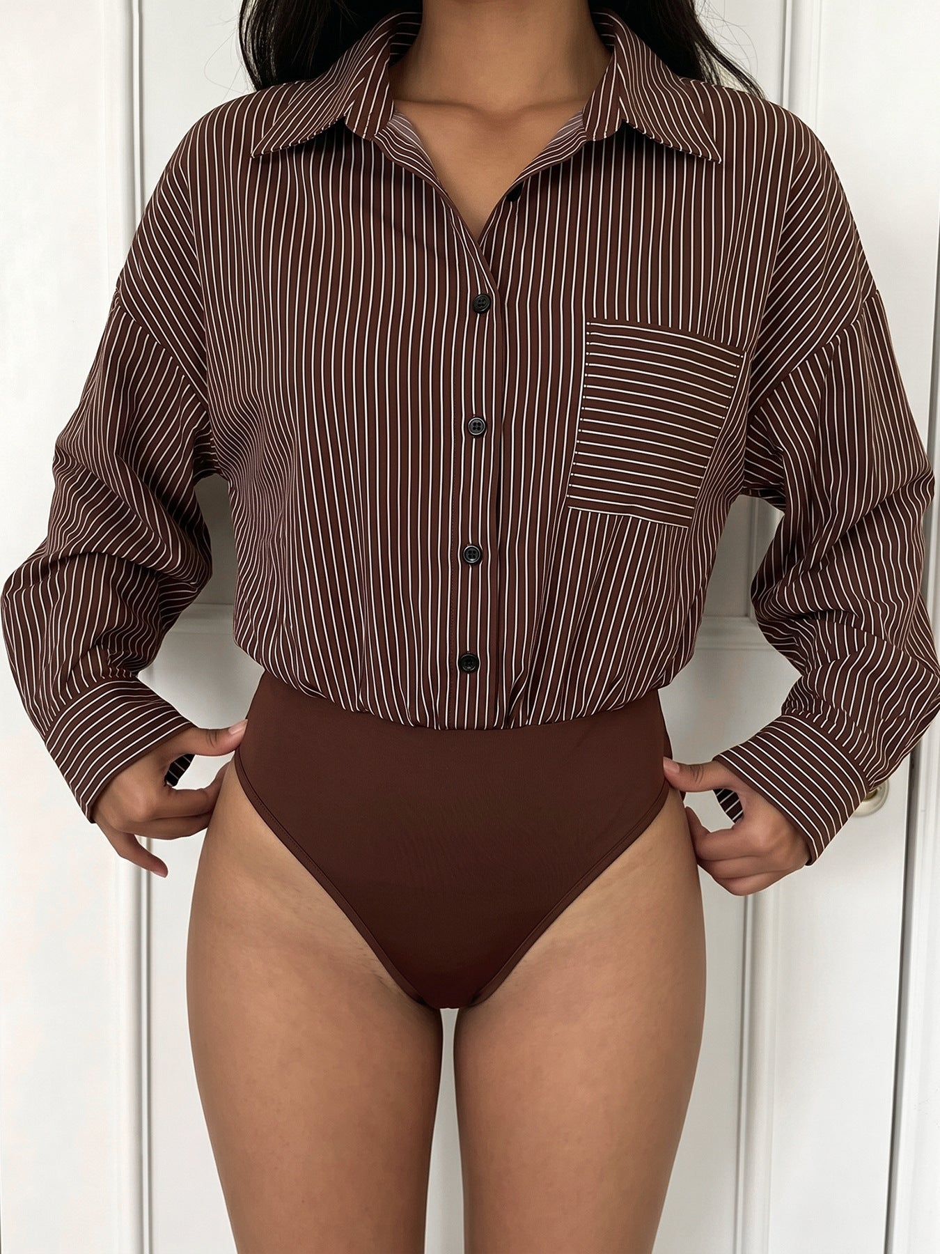 Striped Shirt Romper Long Sleeve Button Front Jumpsuit