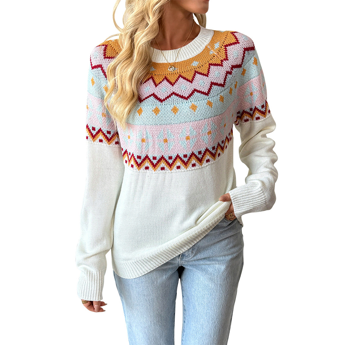 Color Block Knit Sweater Casual Loose Fit Round Neck Top