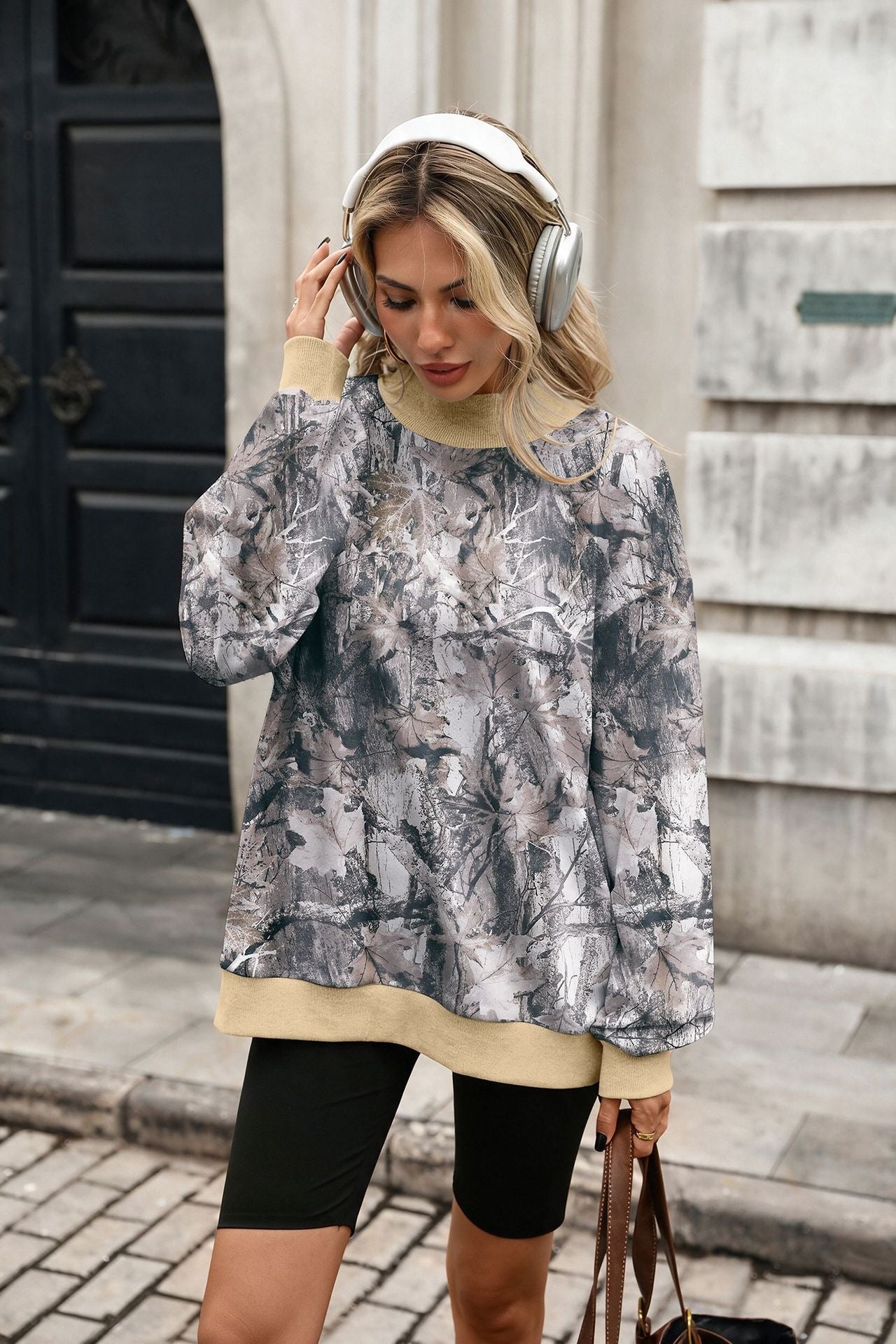 Camo Print Oversized Crew Neck Pullover Sweatshirt
