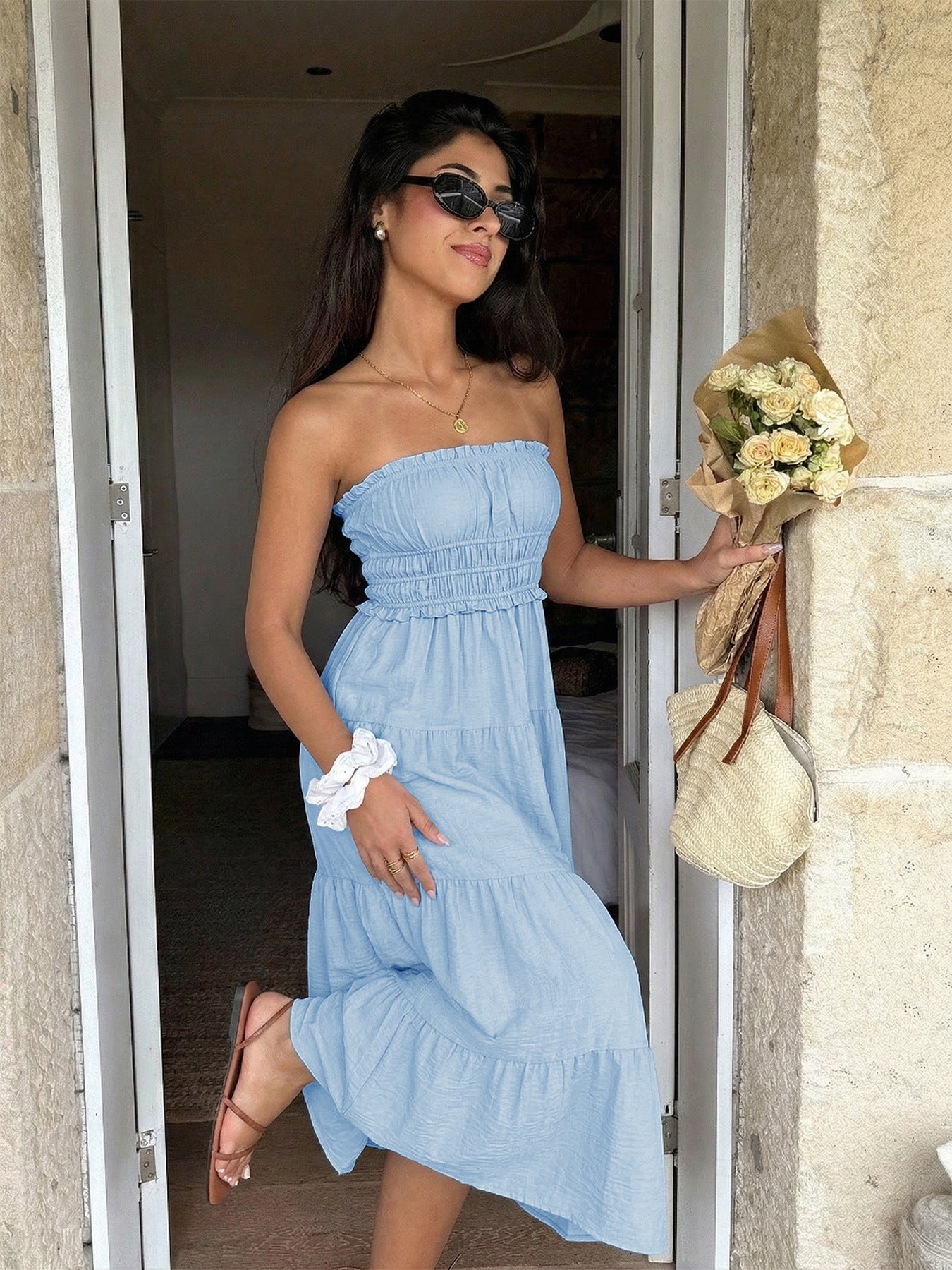 Women Strapless Smocked Tiered Resort Strapless Smocked Maxi Dress