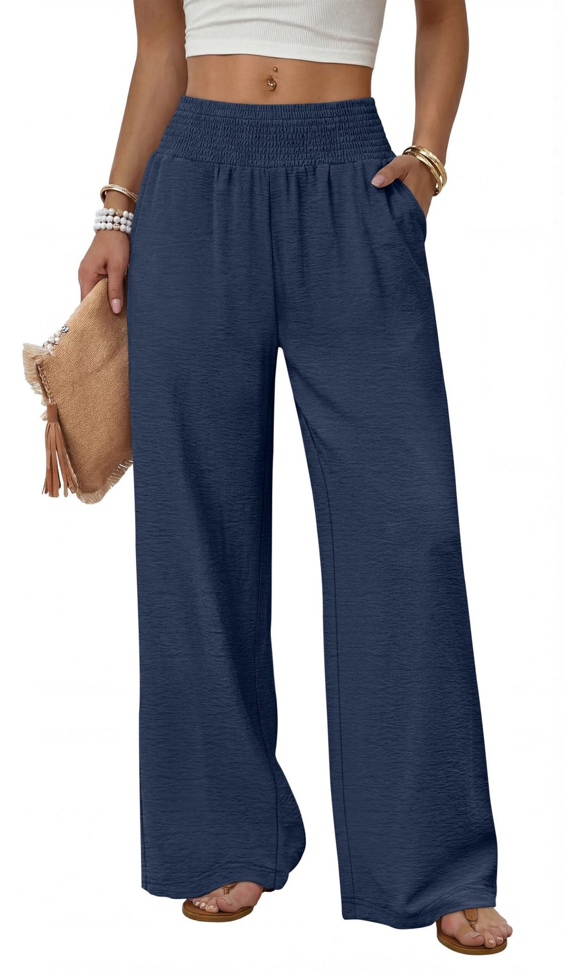 Women's High Waist Smocked Wide Leg Pants with Pockets