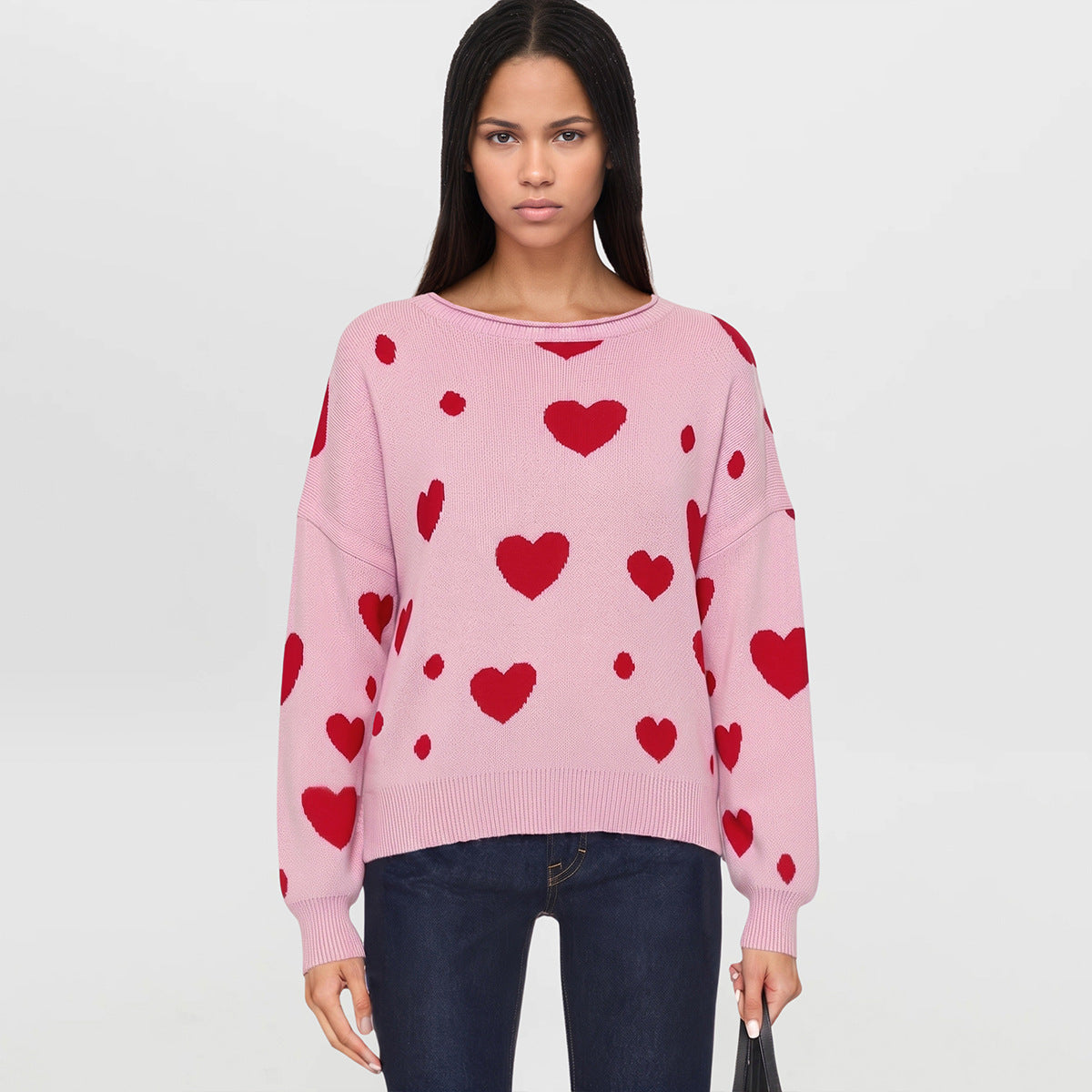 Women's Heart Print Crew Neck Long Sleeve Sweater