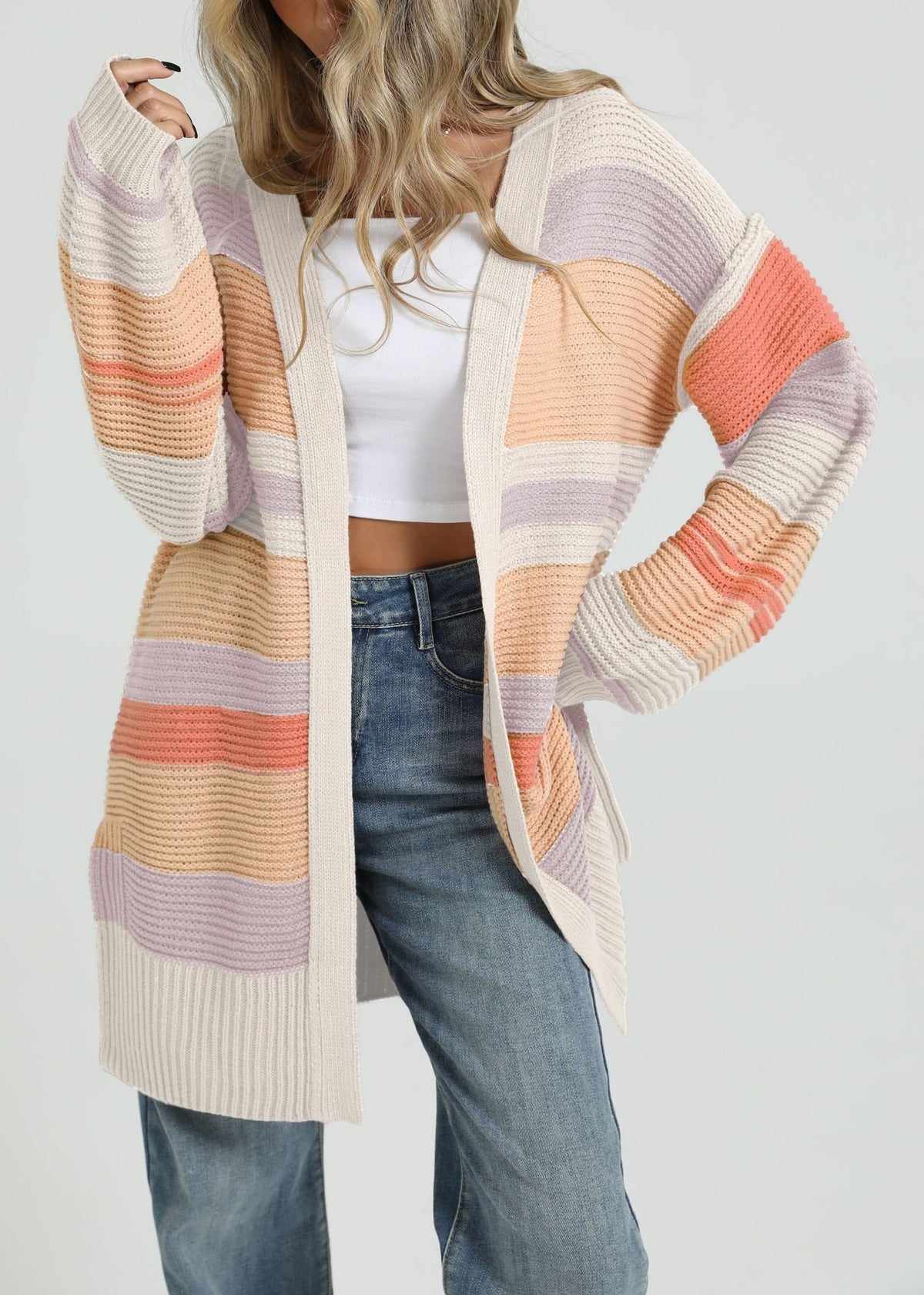 Oversized Color Block Chunky Knit Long Cardigan