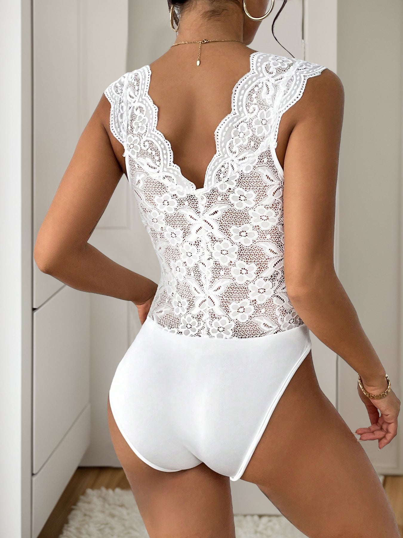 Sexy Deep V Lace Bodysuit with Sheer Mesh Detail