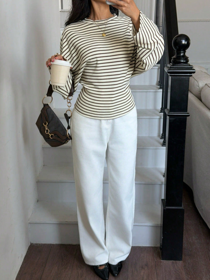 Women's Striped Batwing Waffle Knit Long Sleeve Top
