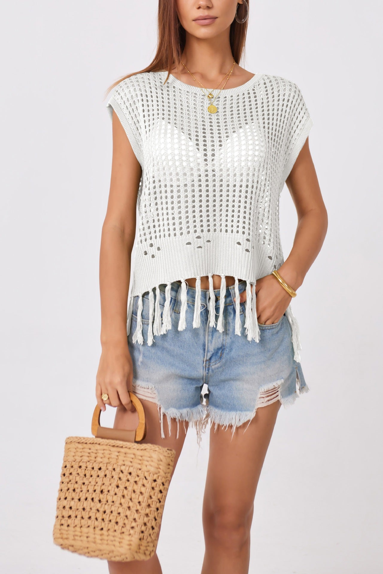 Crochet Fringe Knit Top Sleeveless Beach Cover Up