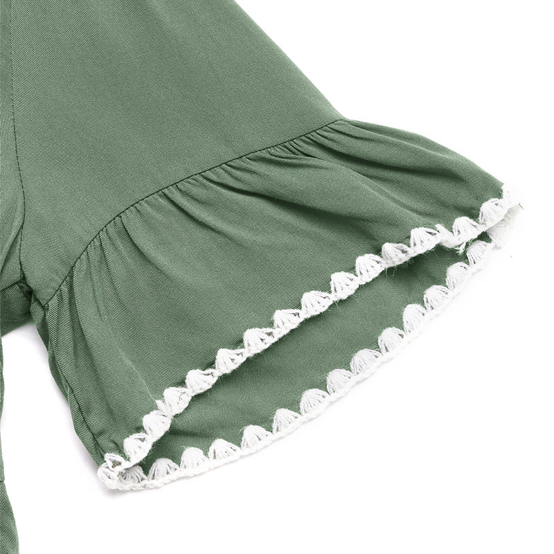 Green Flowy Ruffle Hem V Neck Casual Short Dress