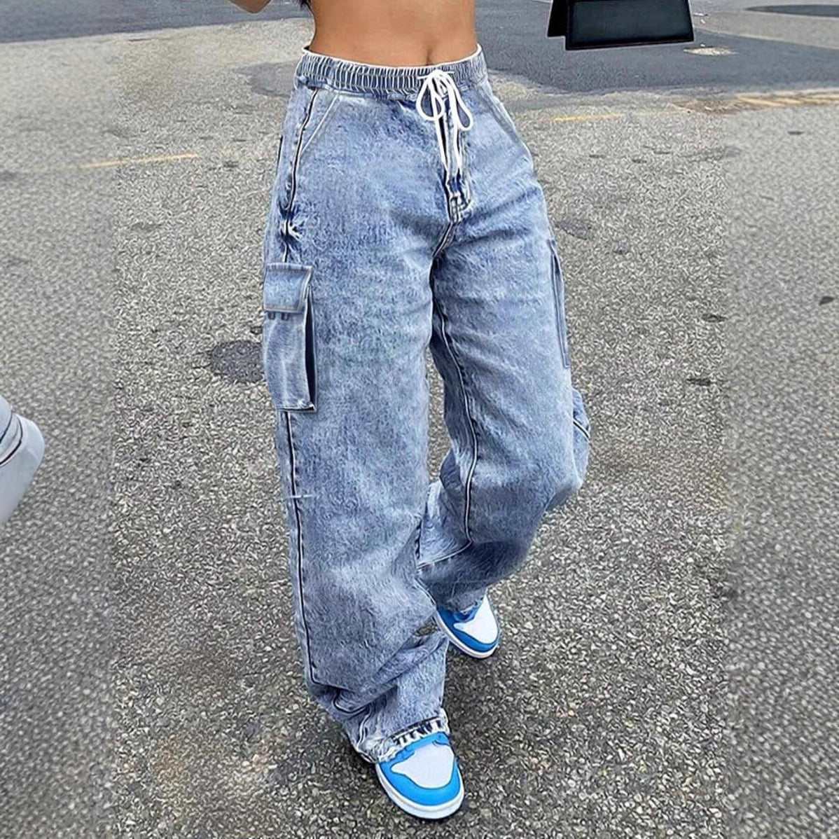 Washed Denim Cargo Jeans Vintage Drawstring Wide Leg
