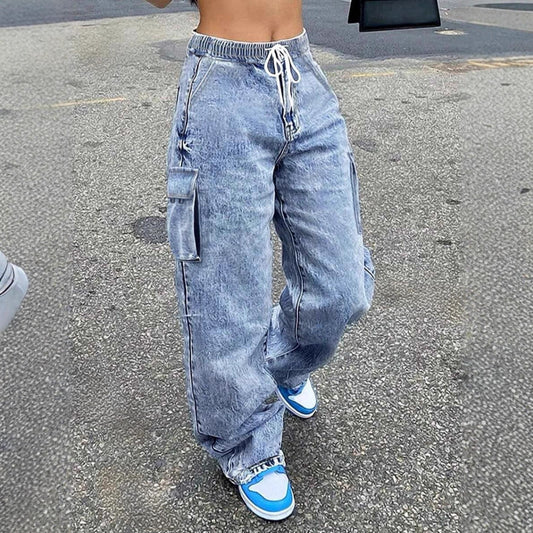 Washed Denim Cargo Jeans Vintage Drawstring Wide Leg
