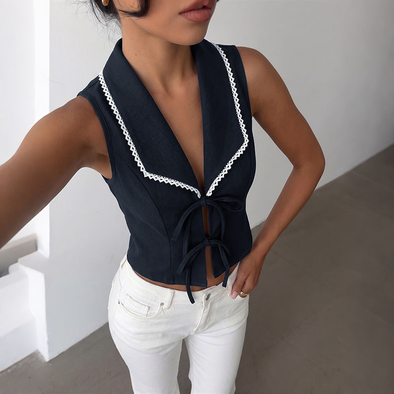 Navy Tie Front Sleeveless Sailor Collar Boutique Top
