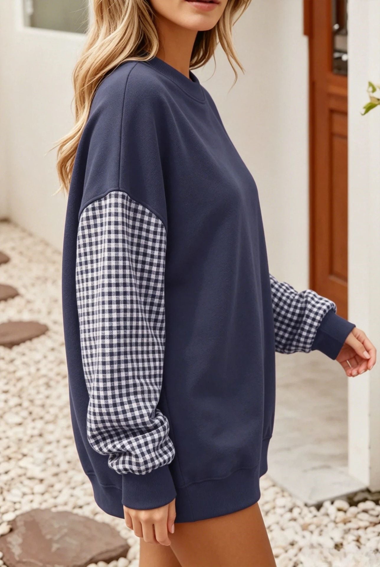 Gingham Knit Sweatshirt Oversized Colorblock Pullover