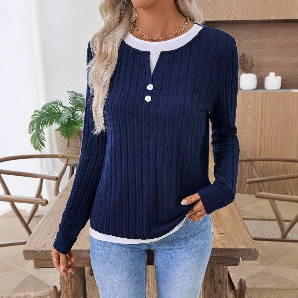 Solid Brushed Knit Top Casual Ribbed Henley Tee