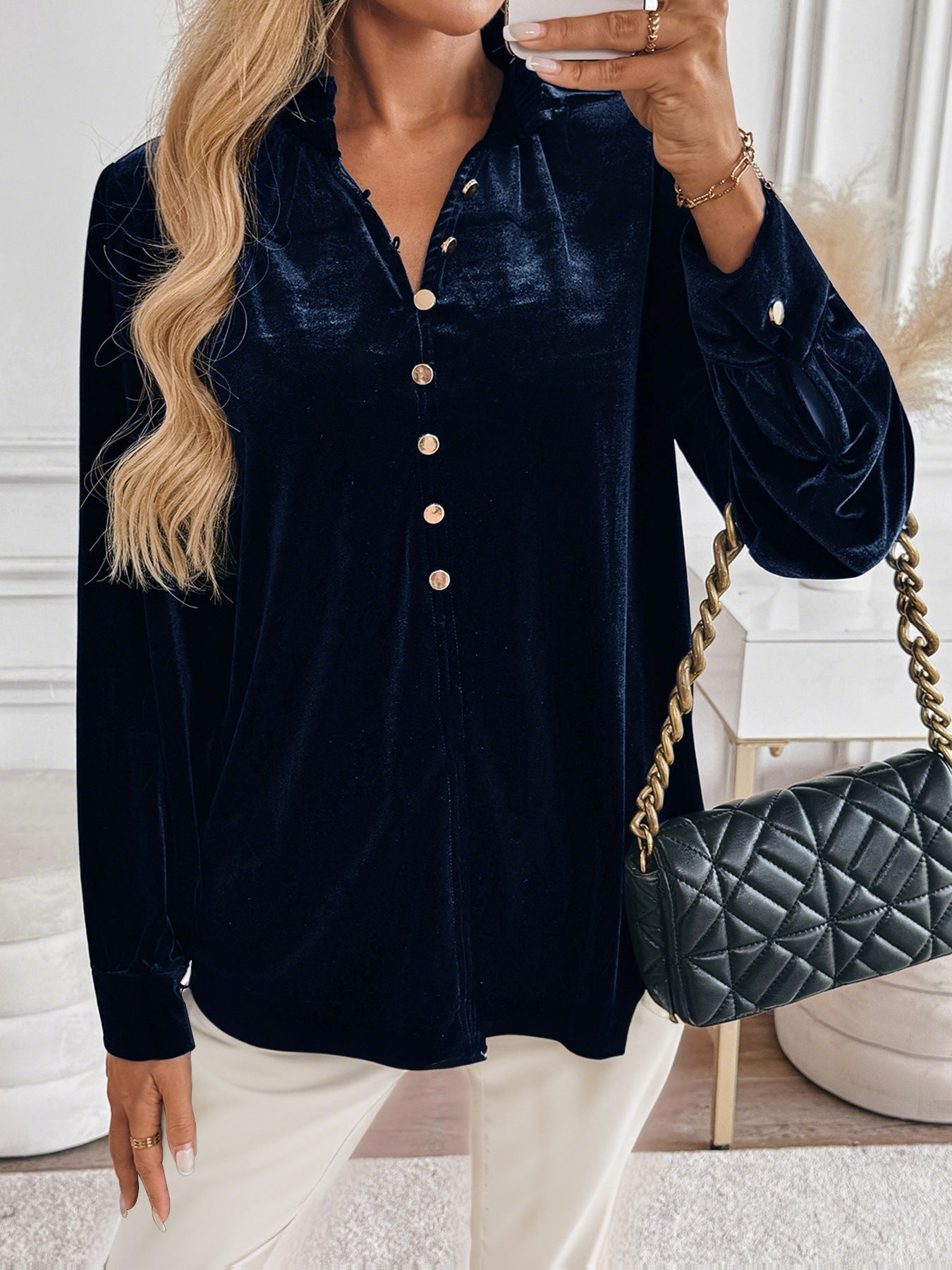 Velvet V Neck Button Down Long Sleeve Elegant Blouse
