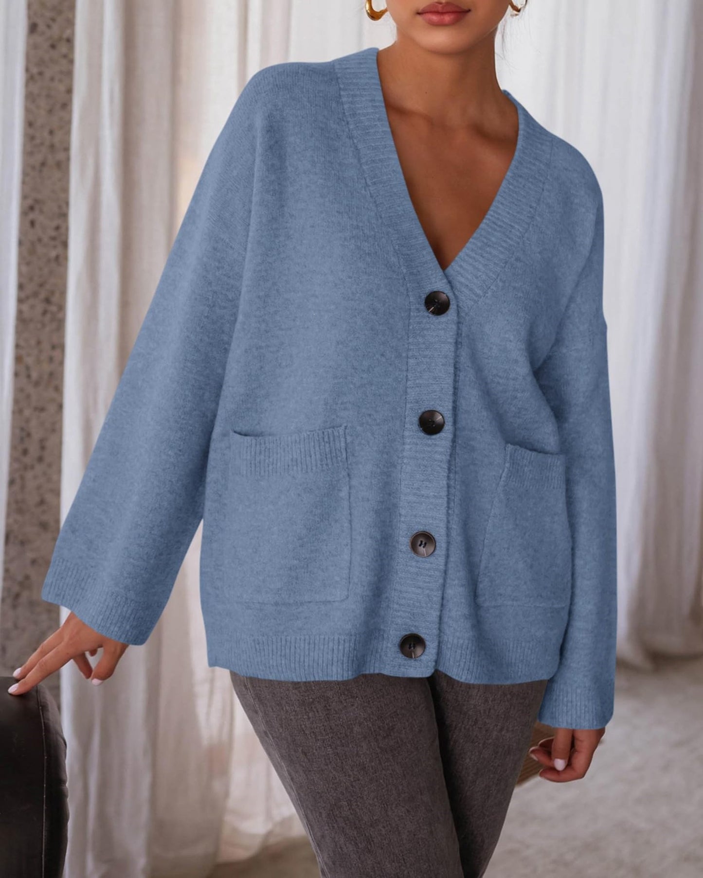 Solid Knit Cardigan Casual Oversized Pocket Button-Up