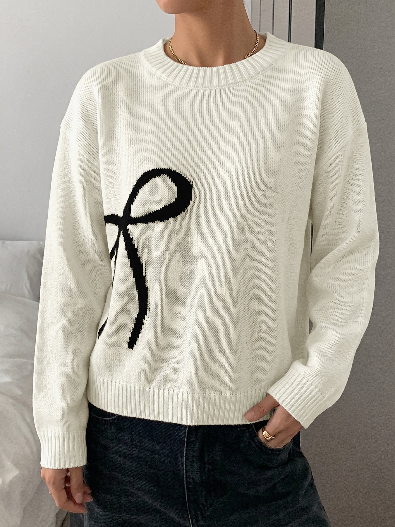 Bow Knit Sweater Oversized Crewneck Drop Shoulder