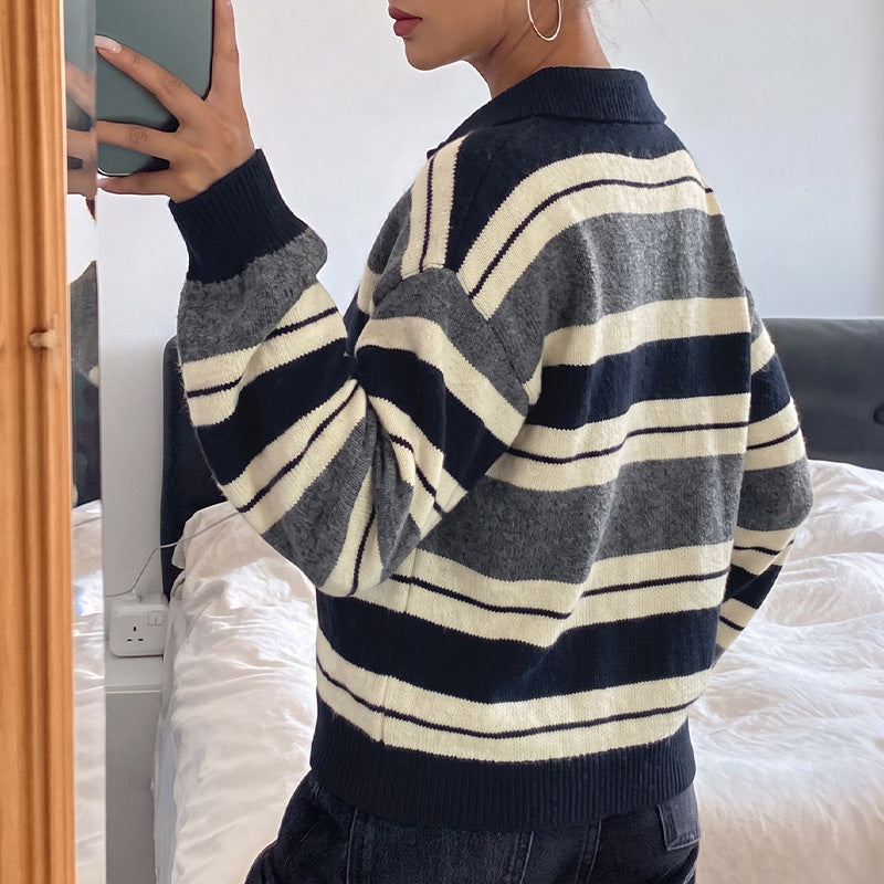 Striped Collared Button Pullover Knit Sweater