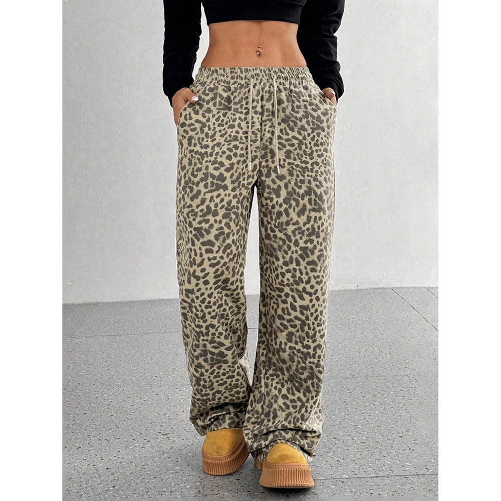 Leopard Print Wide Leg Pants Y2K Casual Streetwear