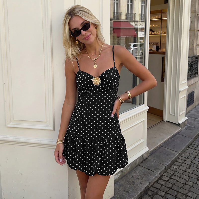 Polka Dot Polyester Dress Mini Ruffle Hem Summer