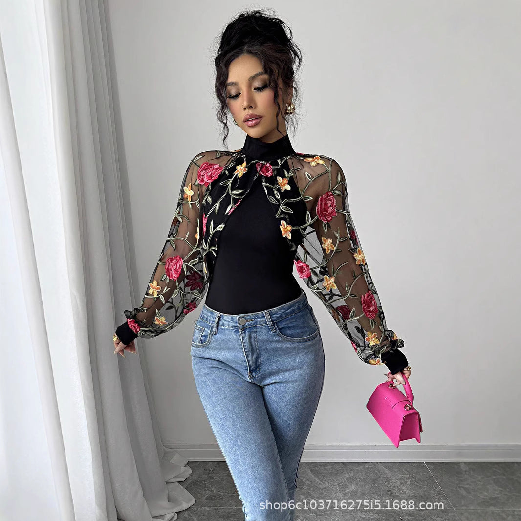 Floral Embroidered Sheer Sleeve Mesh Top