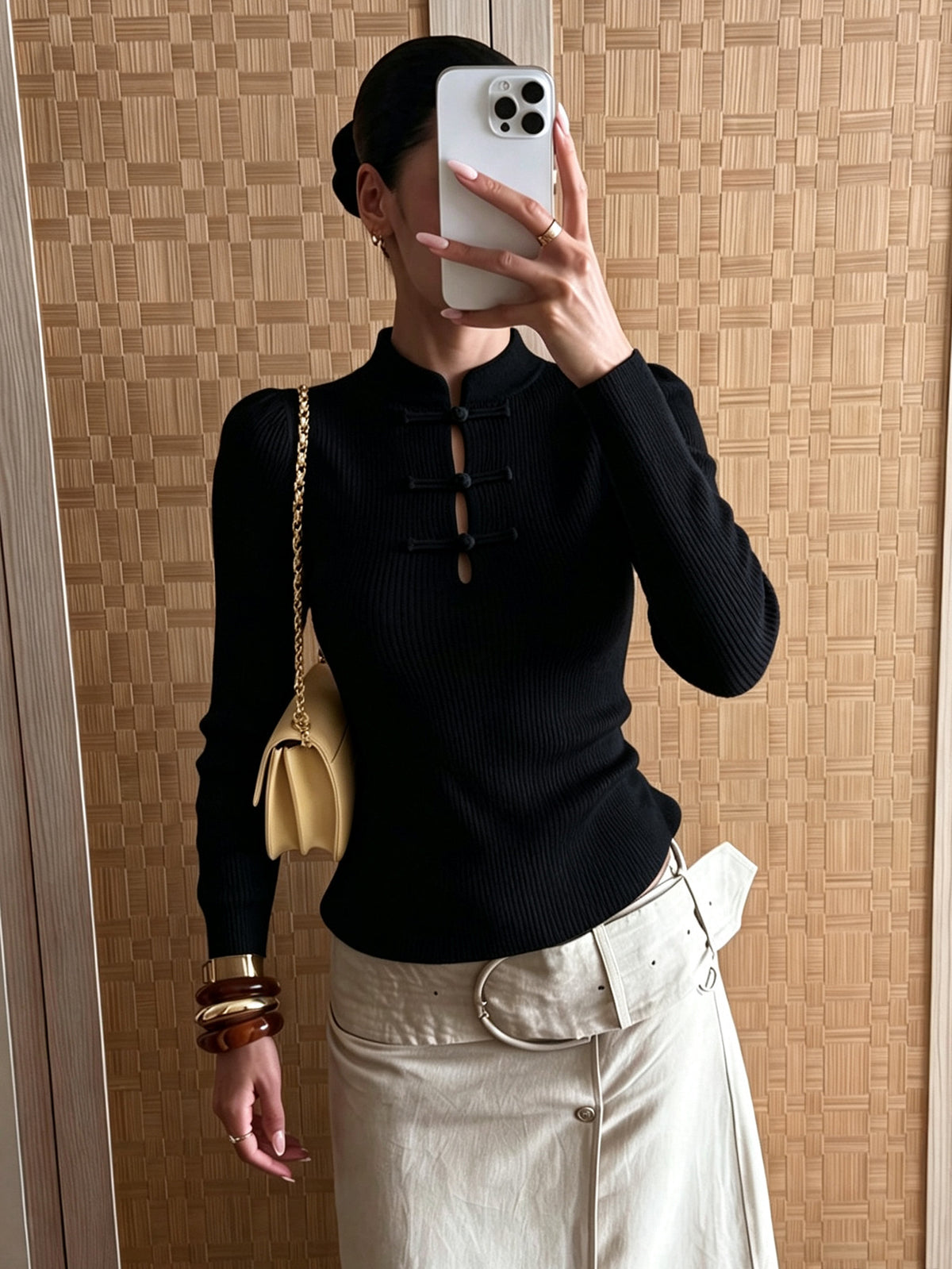 Women's Ribbed Mock Neck Frog Button Fitted Sweater Top