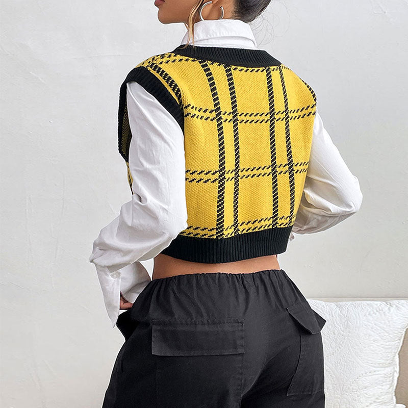 Plaid V Neck Knit Sweater Vest Women Casual Layering Top