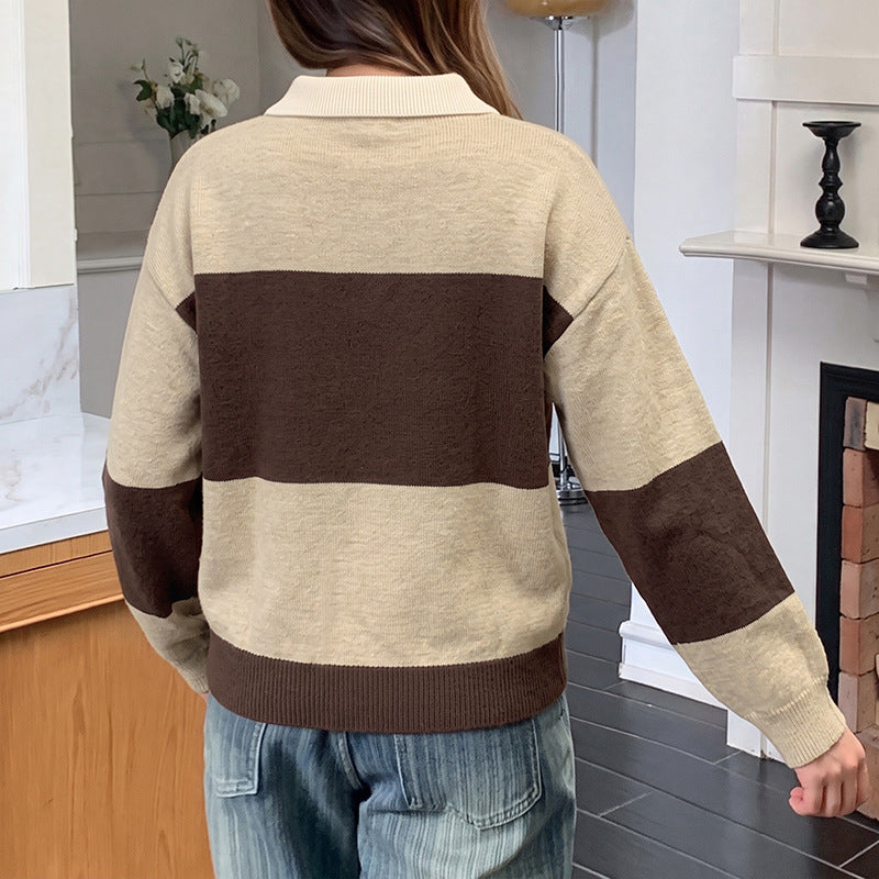 Women's Color Block Polo Collar Oversized Knit Sweater