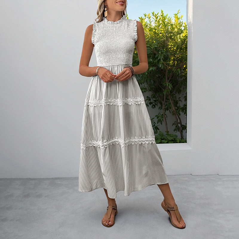 Striped Lace Trim Sleeveless Midi Dress for Summer