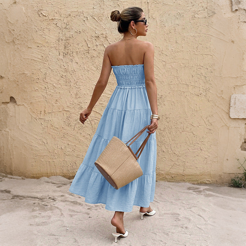 Women Strapless Smocked Tiered Resort Strapless Smocked Maxi Dress