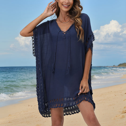 Crochet Trim Kaftan Beach Cover Up Tie Neck Dress