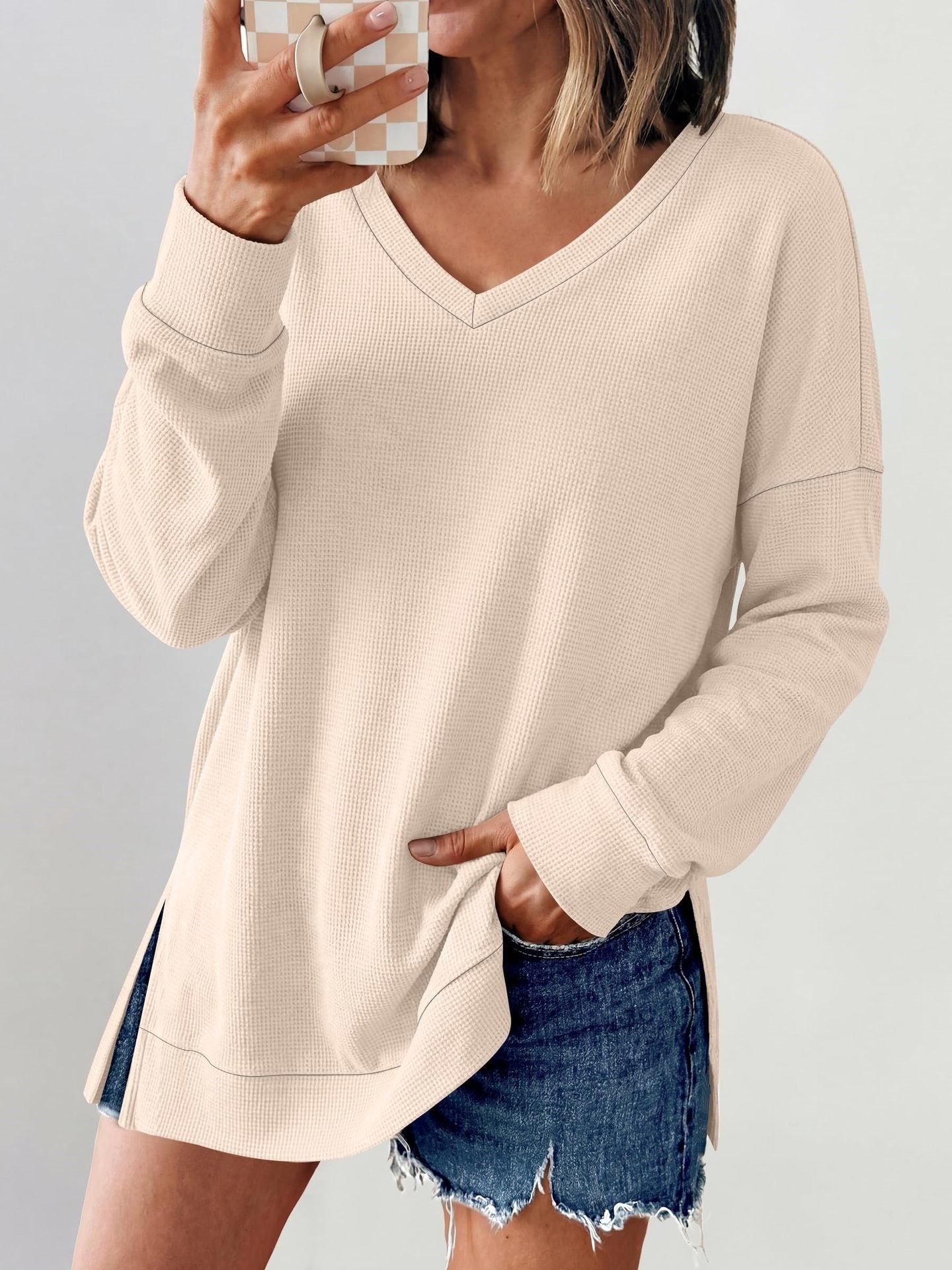 Waffle Knit V Neck Top Relaxed Long Sleeve