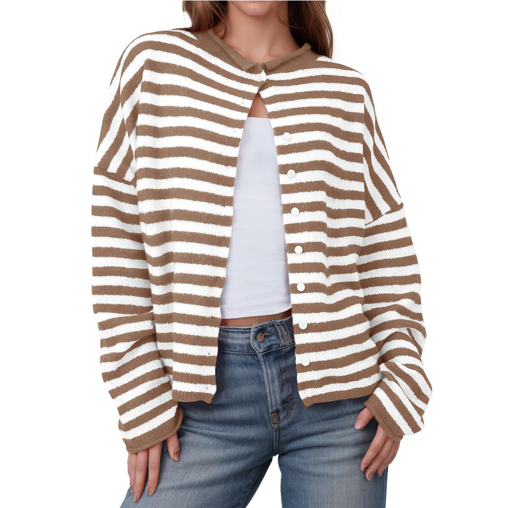 Striped Colorblock Knit Cardigan Long Sleeve Casual Jacket
