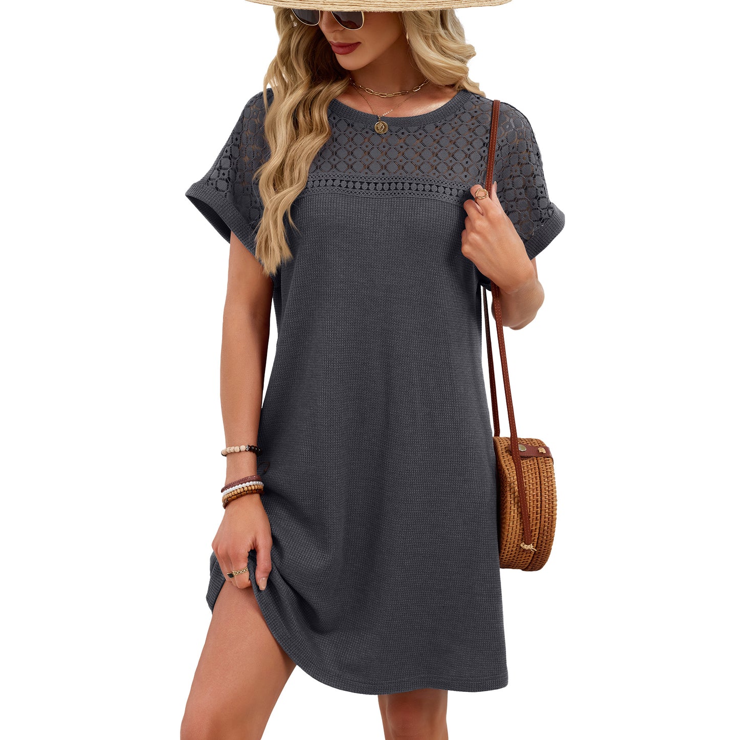 Women’s Lace Patchwork Short Sleeve Casual T Shirt Dress