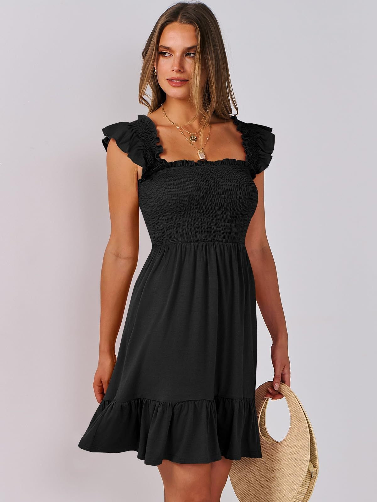 Women’s Smocked Square Neck Ruffle Sleeve Mini Dress Casual Summer Flowy A Line Dress